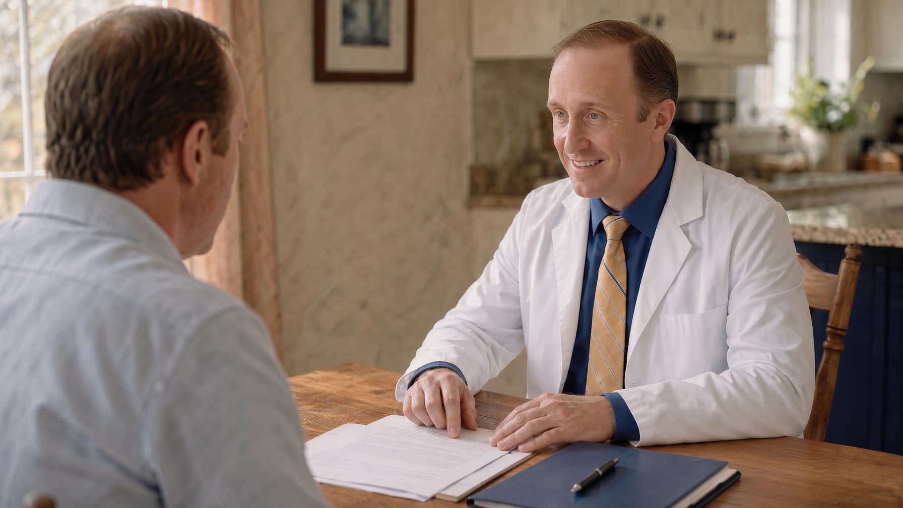 Dr. Tagge at a kitchen table with a patient, going through a printed plan page by page