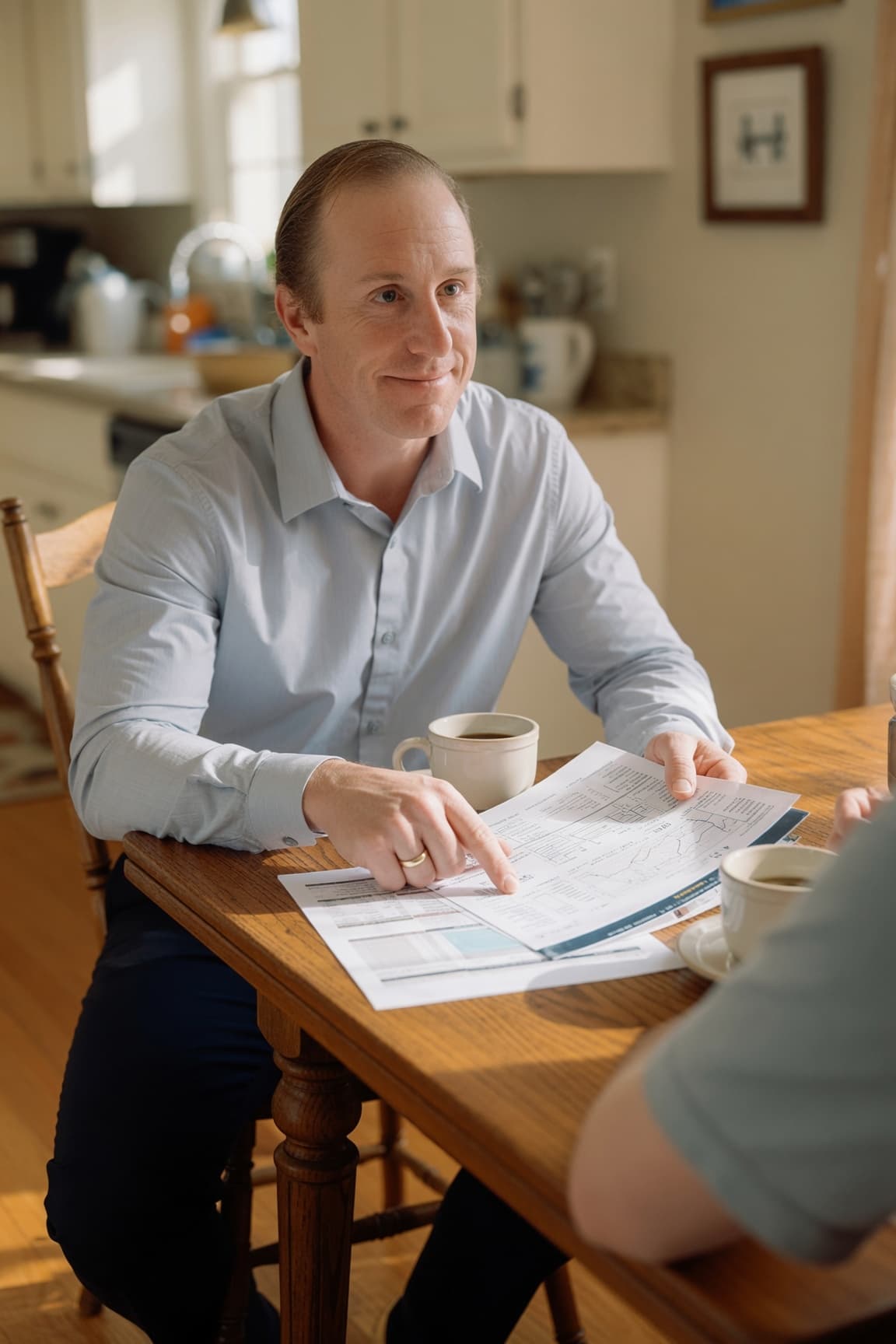 Dr. Daniel Tagge reviewing lab results with a patient at their kitchen table