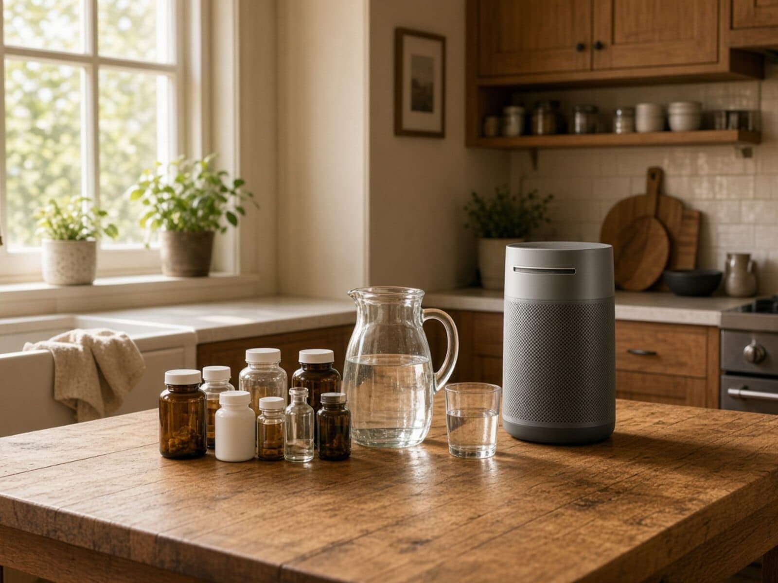 A kitchen counter with supplements, medications and a water filter, reviewed during a house call