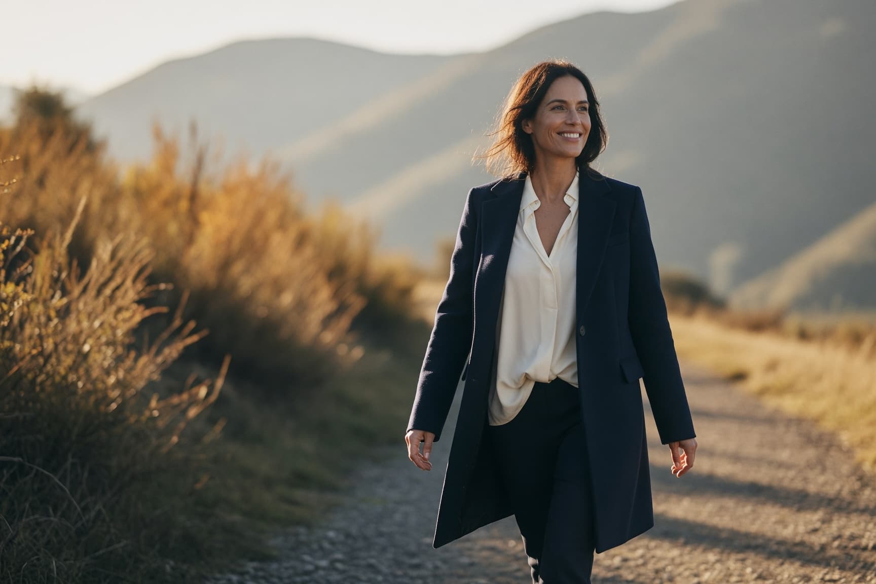 A woman in her early forties in soft natural light, calm and assured.