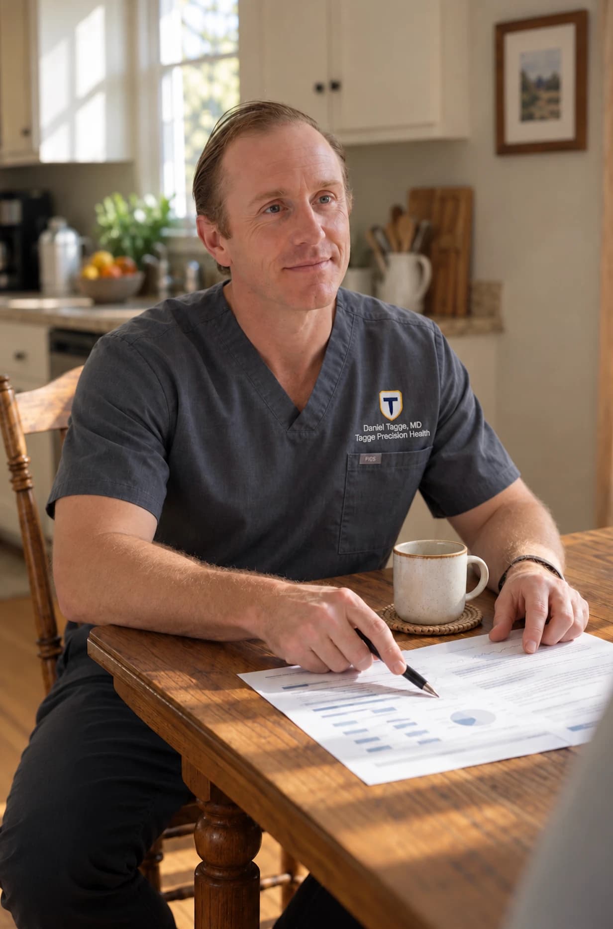 Dr. Daniel Tagge at a kitchen table, pointing to a printed report during a conversation